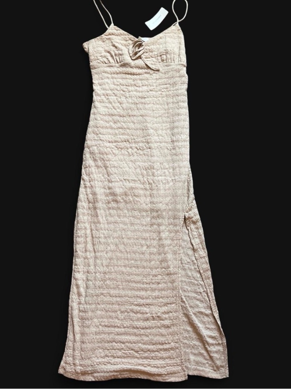 Neutral Beige Textured Maxi Dress with Spaghetti Straps